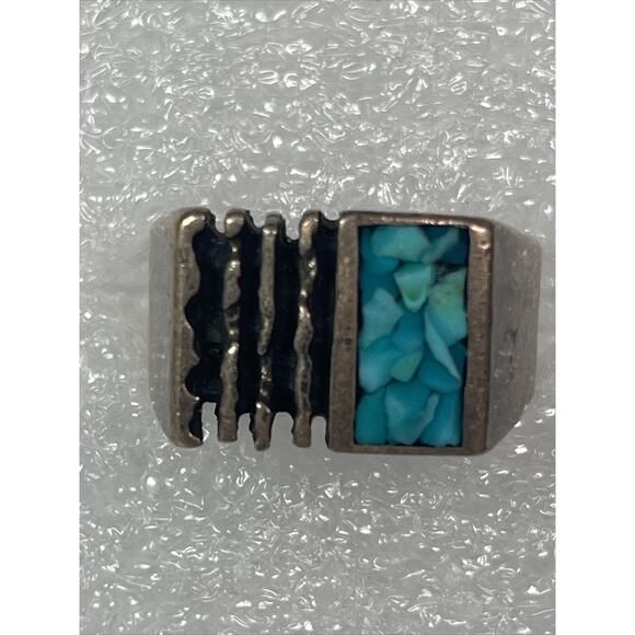Sterling Silver 925 Tested Men Women Square Ring Blue Turquoise Inlay Size 9,75 - Picture 5 of 16